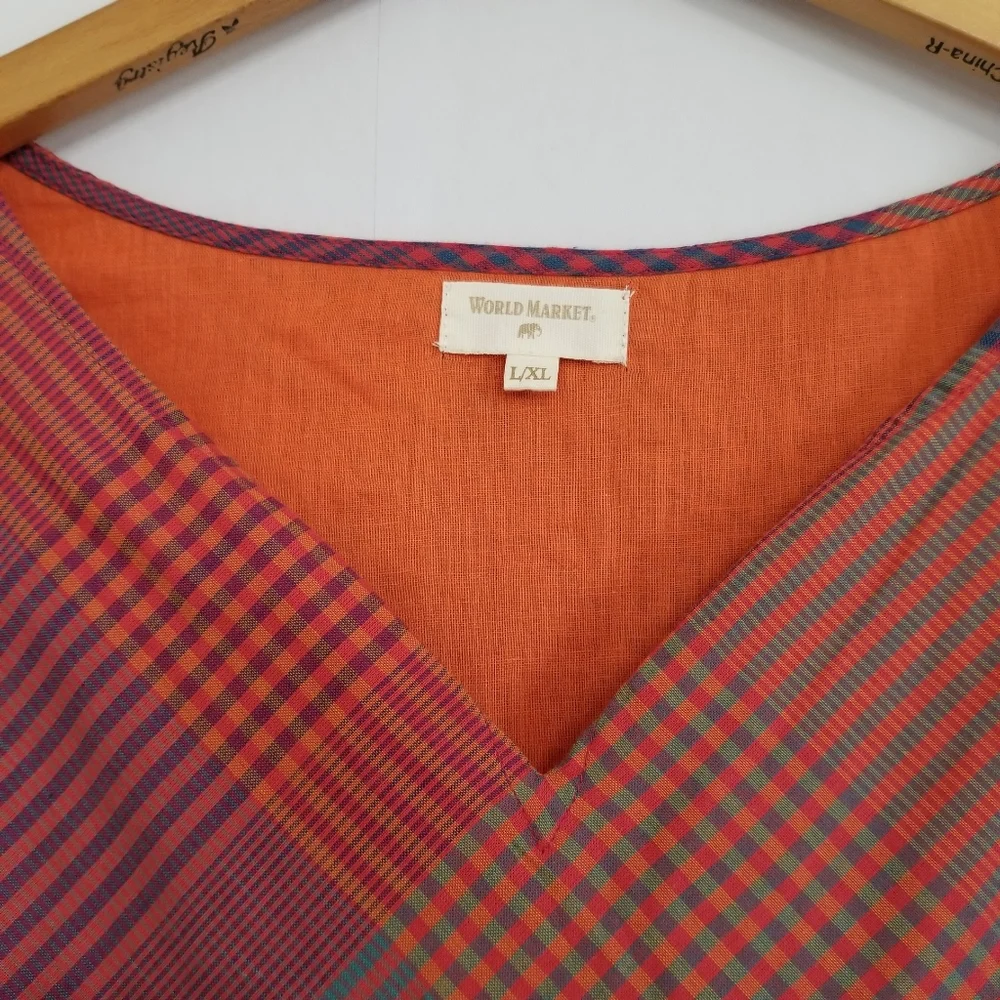 World Market Boho Checker Print Plaid Balloon Sleeve Blouse Size L/XL - Picture 7 of 8